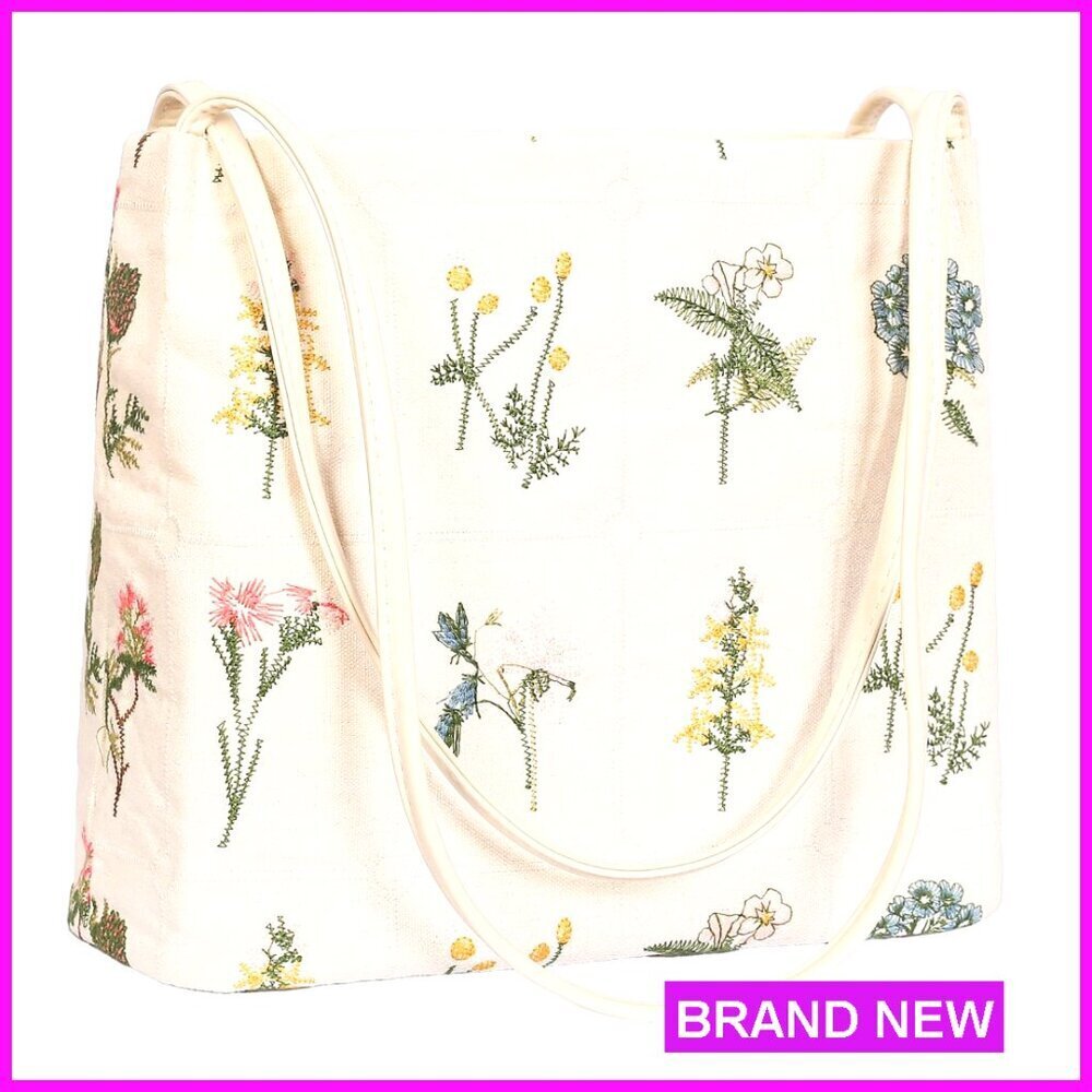 Floral Embroidered Canvas Tote Bag Elegant Chic Daily Handbag with PU Handles